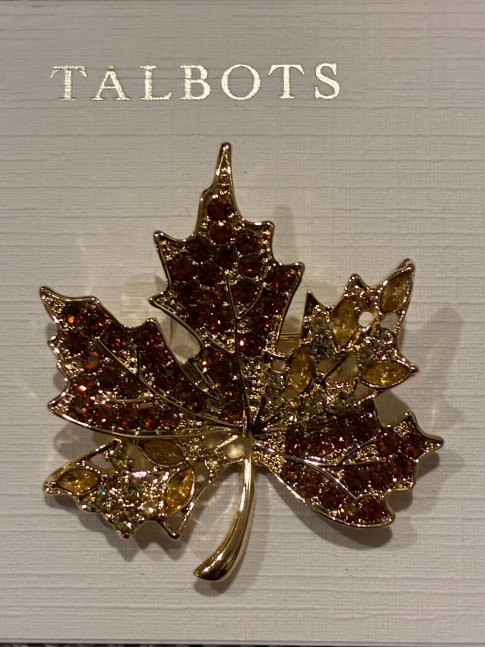 NWT Talbots Autumn Maple Leaf Brooch Pin Amber Rhinestone Crystal